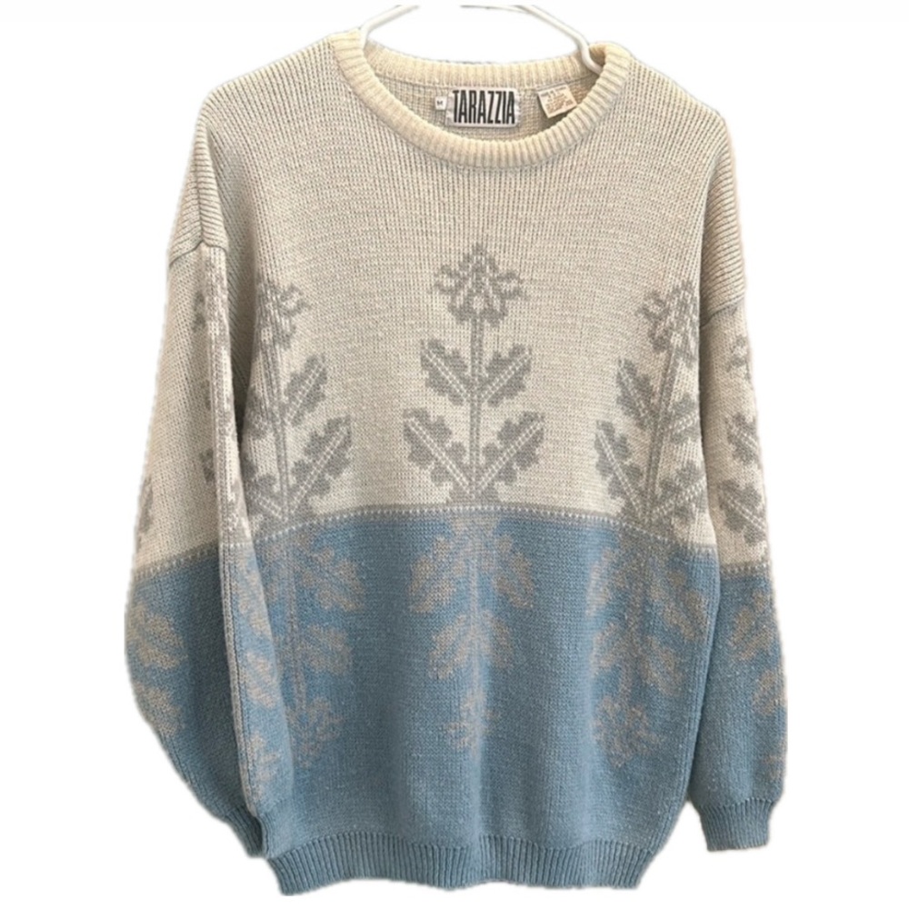 Vintage 80's TARAZZIA Eclectic White and Blue Pullover Sweater Sz M